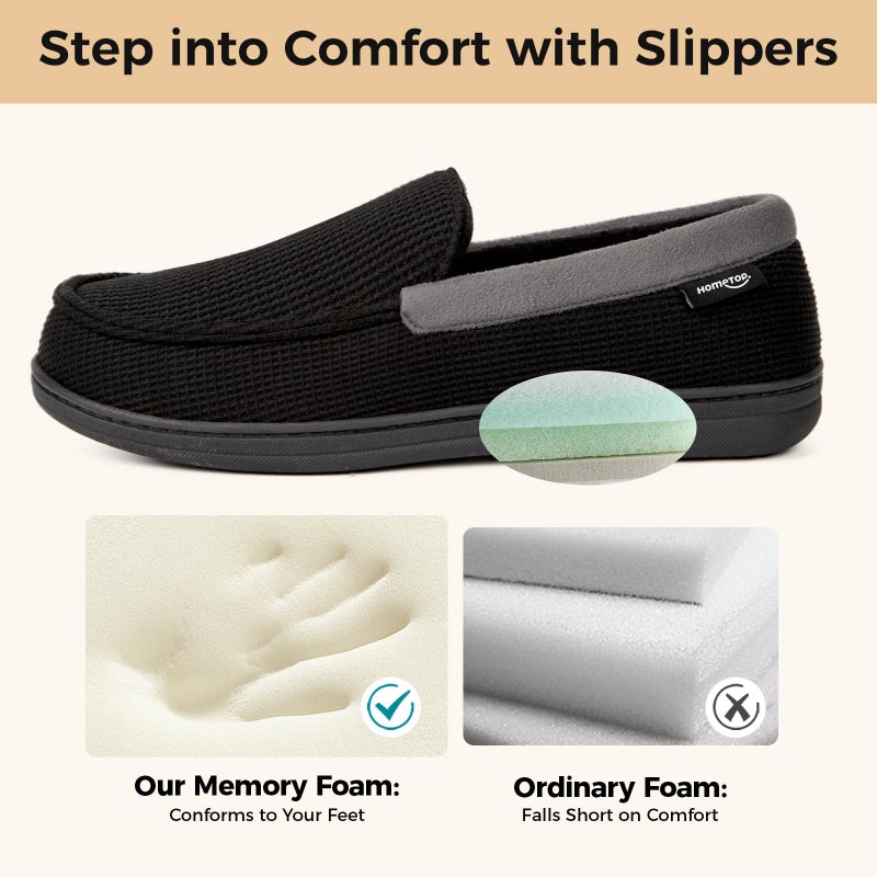 HomeTop Men's Comfort Memory Foam Moccasin Slippers, Breathable Cotton Knit Terry Cloth House Shoes for Indoor Outdoor (11 D(M) US, Black) - Image 3